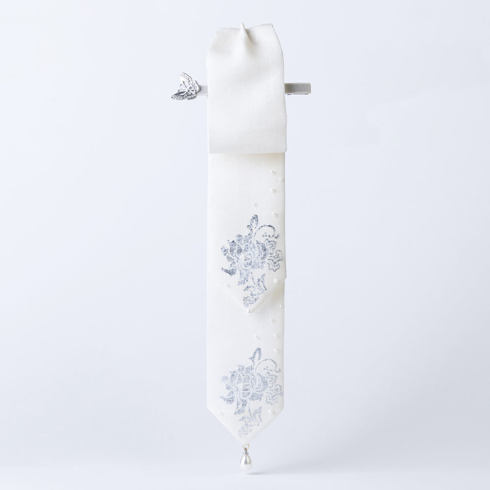 Handcrafted Korean silk hair bow with silver peony pattern by GLEAF – traditional white Danggi hairpin set