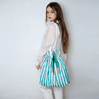 Handcrafted Korean Chuiram Blue stripe tote bag with gold-leaf stamping keyring by GLEAF – artisan made