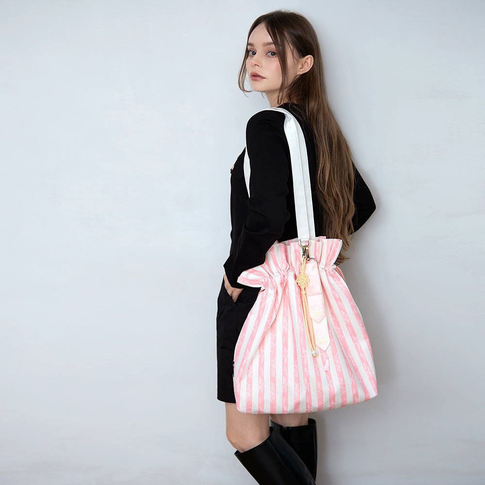 Handcrafted Korean soft pink stripe tote bag with gold-leaf stamping keyring by GLEAF – artisan made