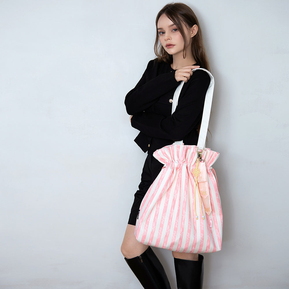 Handcrafted Korean soft pink stripe tote bag with gold-leaf stamping keyring by GLEAF – artisan made