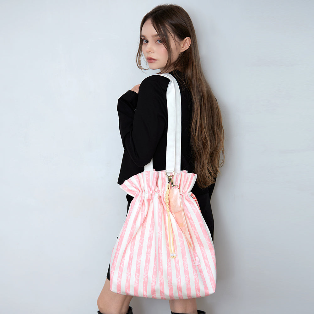 Handcrafted Korean soft pink stripe tote bag with gold-leaf stamping keyring by GLEAF – artisan made