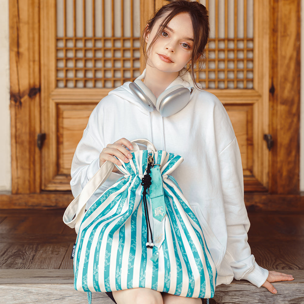 Handcrafted Korean Chuiram Blue stripe tote bag with gold-leaf stamping keyring by GLEAF – artisan made