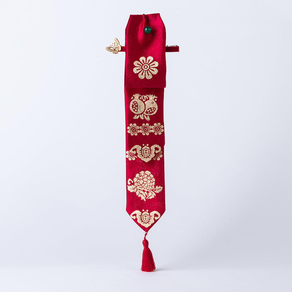 Handcrafted Korean Silk Hair Bow in Red with Traditional Gold-Leaf Stamping Fortune Pattern – GLEAF