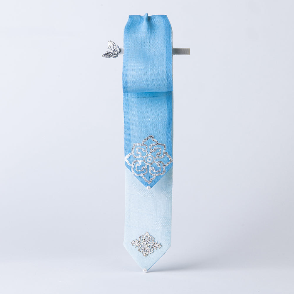Handcrafted Korean silk hair bow with silver lotus pattern by GLEAF – sky blue 100% silk handmade hair accessory