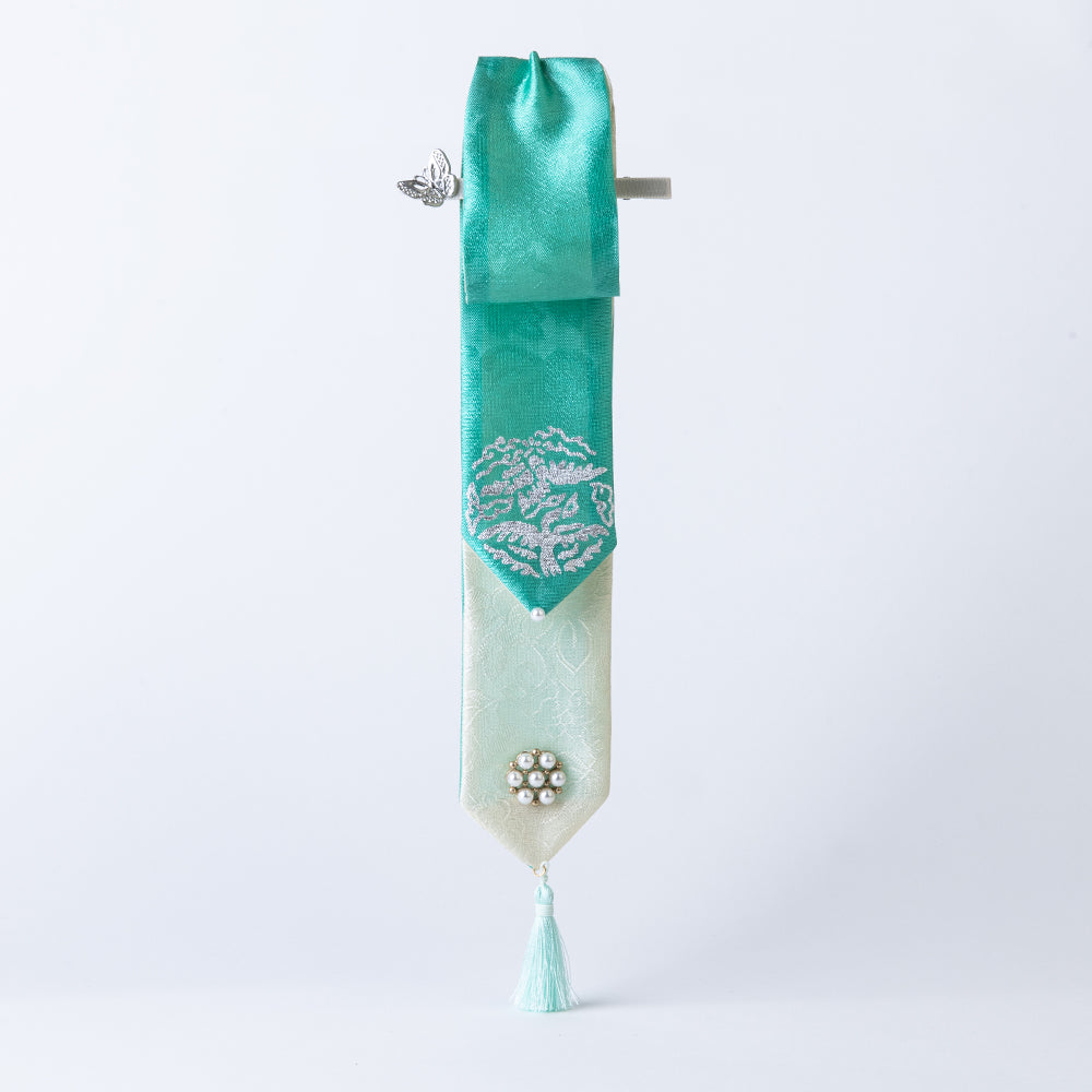 Handcrafted Korean silk hair bow with silver phoenix pattern by GLEAF – teal blue 100% silk handmade hair accessory