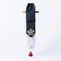 Handcrafted Korean silk hair bow with gold-leaf stamped hibiscus pattern by GLEAF – black and white 100% silk handmade accessory