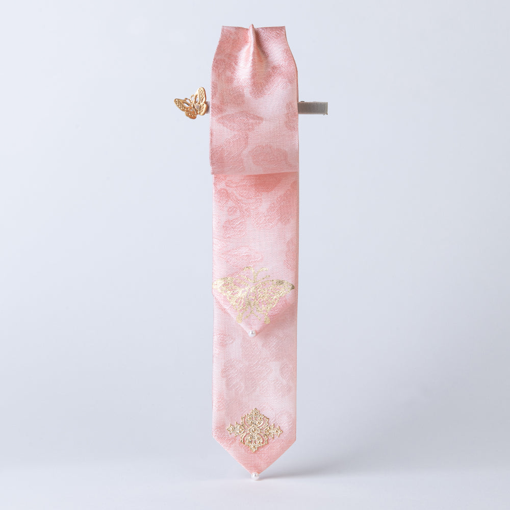 Handcrafted Korean silk hair bow with gold-leaf stamped butterfly pattern by GLEAF – soft pink 100% silk handmade accessory