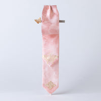 Handcrafted Korean silk hair bow with gold-leaf stamped butterfly pattern by GLEAF – soft pink 100% silk handmade accessory