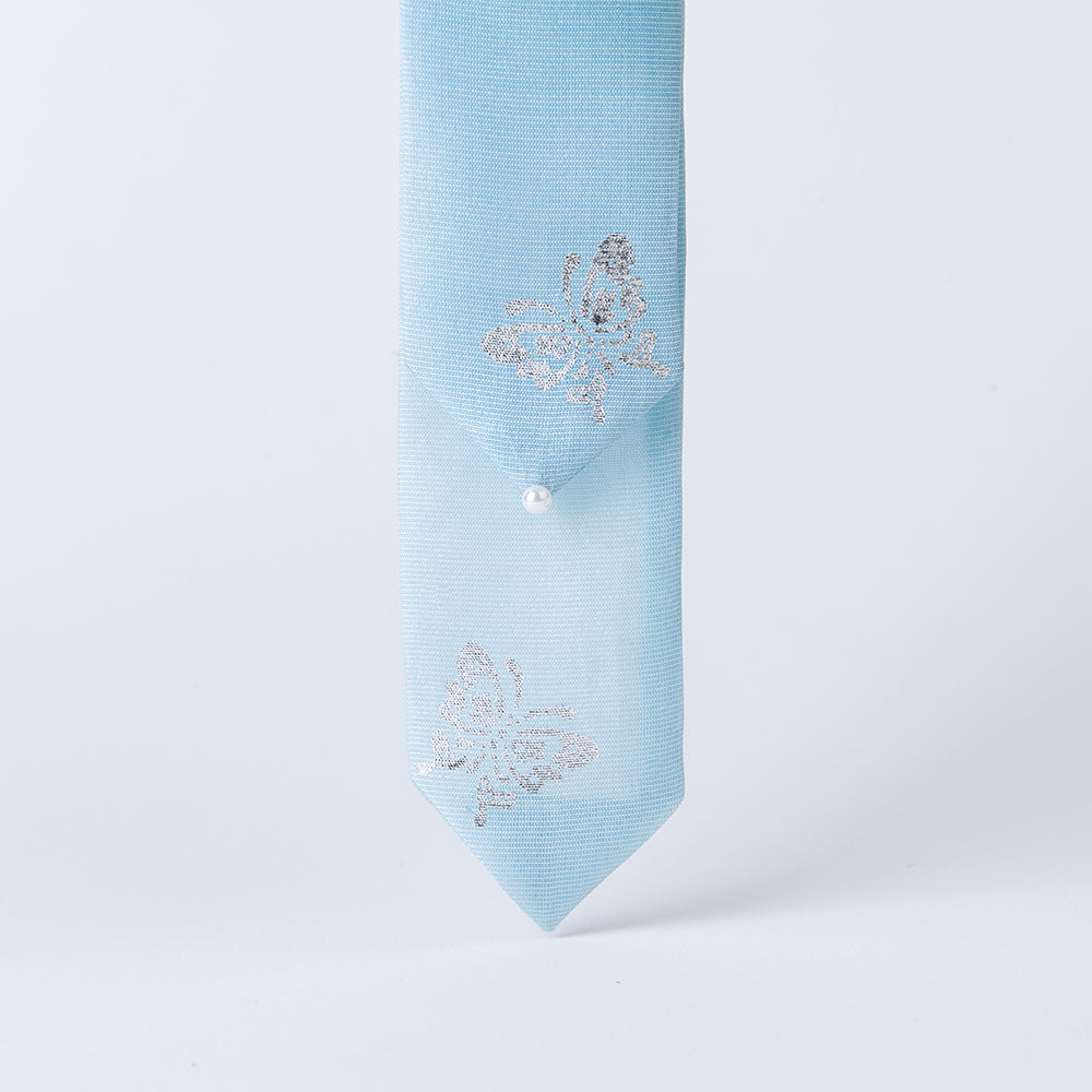 GLEAF sky blue silk hair ribbon featuring silver foil butterfly motif – traditional Korean handcrafted hair bow set