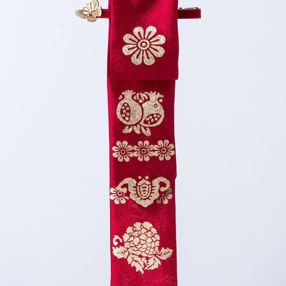 Handcrafted Korean Silk Hair Bow in Red with Traditional Gold-Leaf Stamping Fortune Pattern – GLEAF