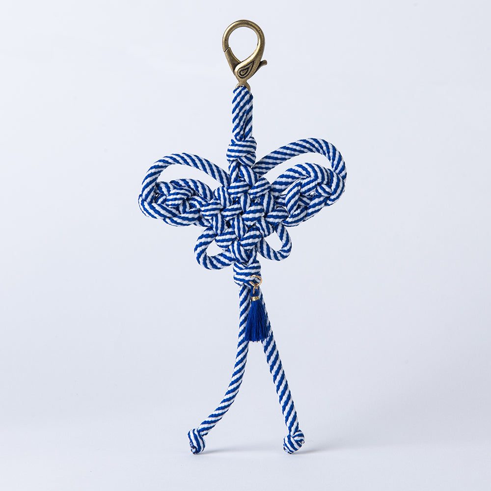 Handcrafted Korean knot keyring with striped blue butterfly knot by GLEAF – traditional handmade accessory