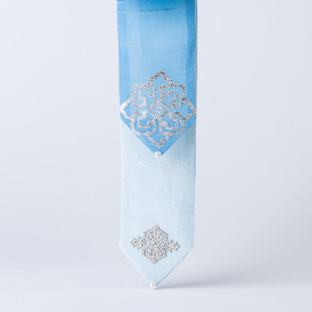 GLEAF sky blue silk hair ribbon featuring silver foil lotus motif – Korean traditional handcrafted design