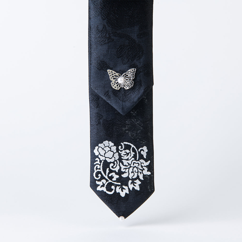GLEAF black silk hair ribbon featuring silver peony motif – traditional Korean handcrafted design