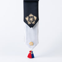 Handcrafted Korean silk hair bow with gold-leaf stamped hibiscus pattern by GLEAF – black and white 100% silk handmade accessory