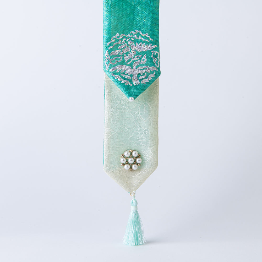 GLEAF teal blue silk hair ribbon featuring silver foil phoenix motif – traditional Korean handcrafted design