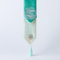 GLEAF teal blue silk hair ribbon featuring silver foil phoenix motif – traditional Korean handcrafted design