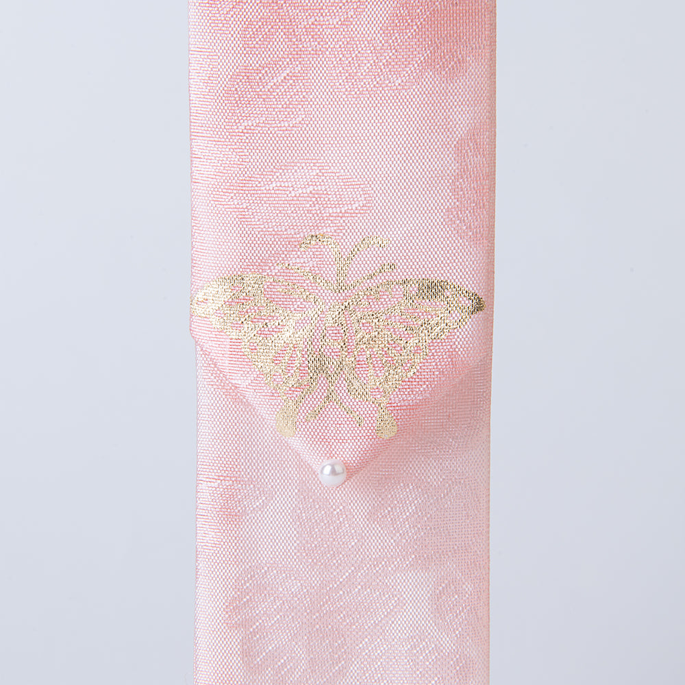 GLEAF soft pink silk hair ribbon featuring gold butterfly motif – traditional Korean handcrafted design