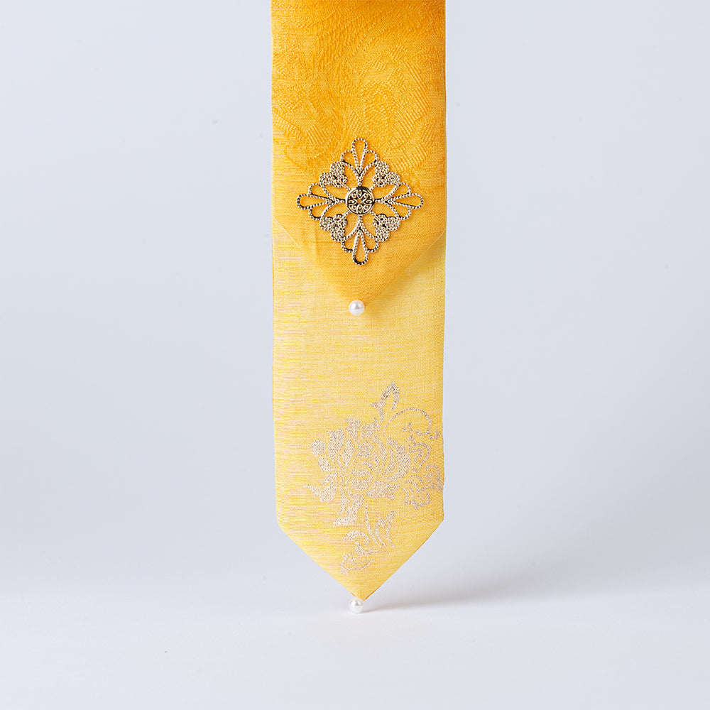 GLEAF yellow silk hair ribbon featuring silver peony motif – traditional Korean handcrafted design