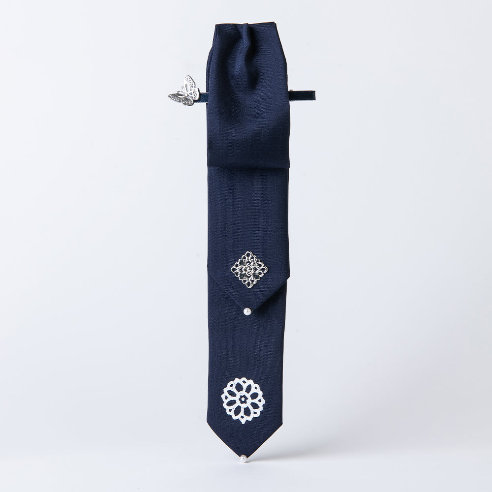 Handcrafted Korean silk hair bow with silver-leaf stamped lotus pattern by GLEAF – navy blue 100% silk handmade accessory
