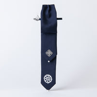 Handcrafted Korean silk hair bow with silver-leaf stamped lotus pattern by GLEAF – navy blue 100% silk handmade accessory