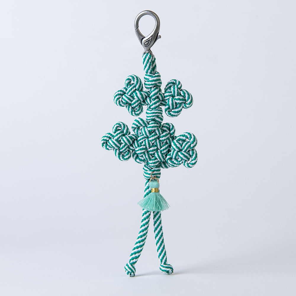 Handcrafted Korean knot keyring with light green Janggu and Chick knots by GLEAF – traditional handmade accessory