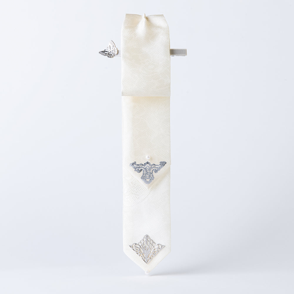 Handcrafted Korean silk hair bow with silver-leaf stamped bat pattern by GLEAF – white 100% silk handmade accessory