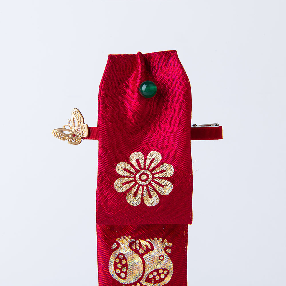 Handcrafted Korean Silk Hair Bow in Red with Traditional Gold-Leaf Stamping Fortune Pattern – GLEAF