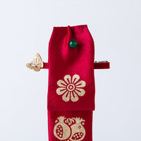 Handcrafted Korean Silk Hair Bow in Red with Traditional Gold-Leaf Stamping Fortune Pattern – GLEAF