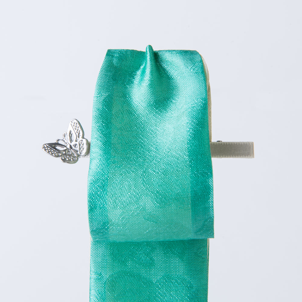Handcrafted Korean silk hair bow with silver phoenix pattern by GLEAF – teal blue 100% silk handmade hair accessory
