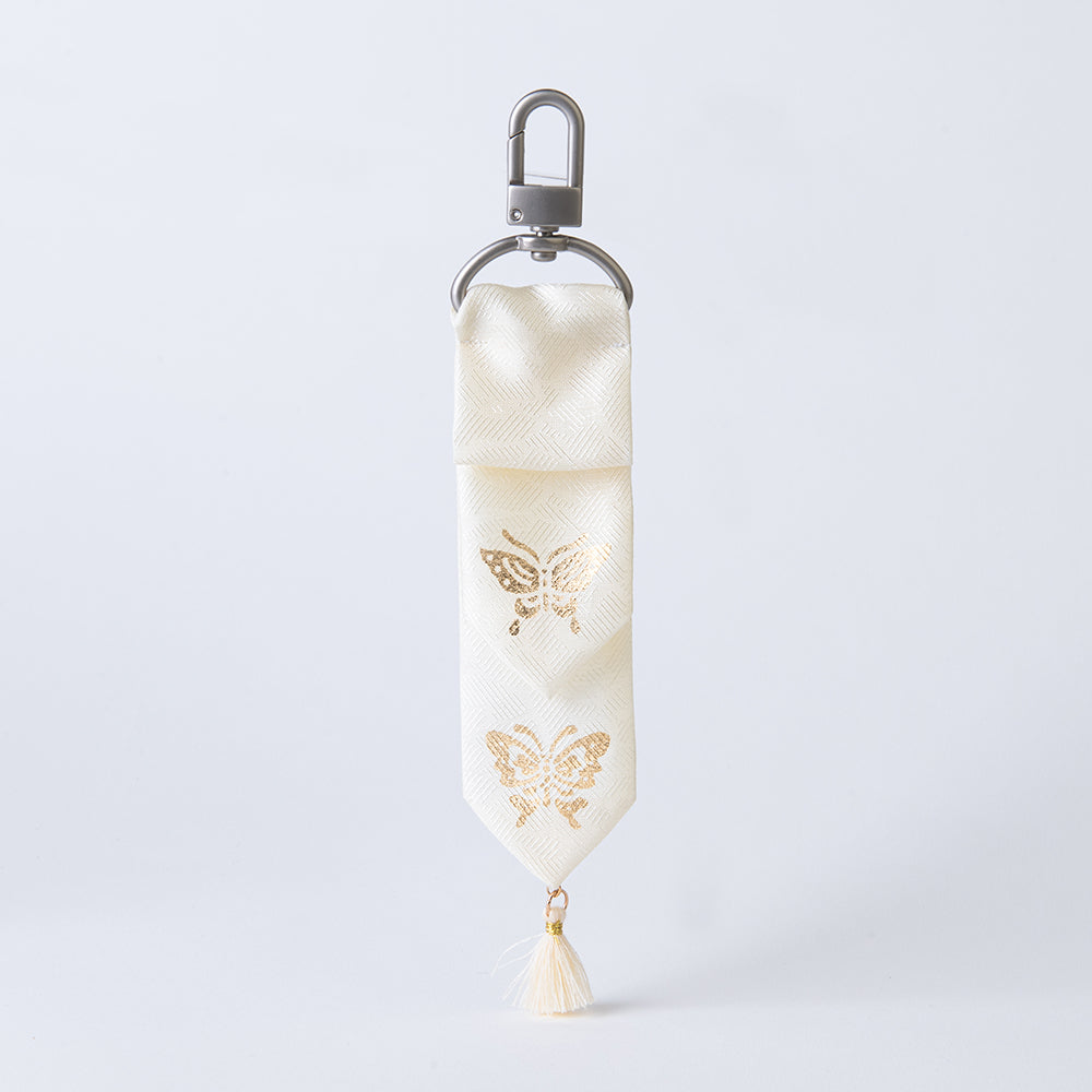 Handcrafted Korean silk keyring with gold-leaf emblem of double butterflies by GLEAF – 100% silk handmade accessory