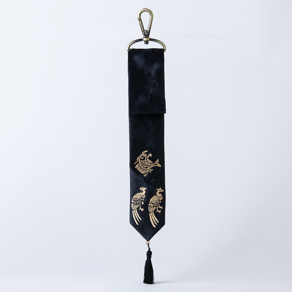 Handcrafted Korean silk keyring with gold-leaf emblem of carp and pheasant by GLEAF – 100% silk handmade accessory