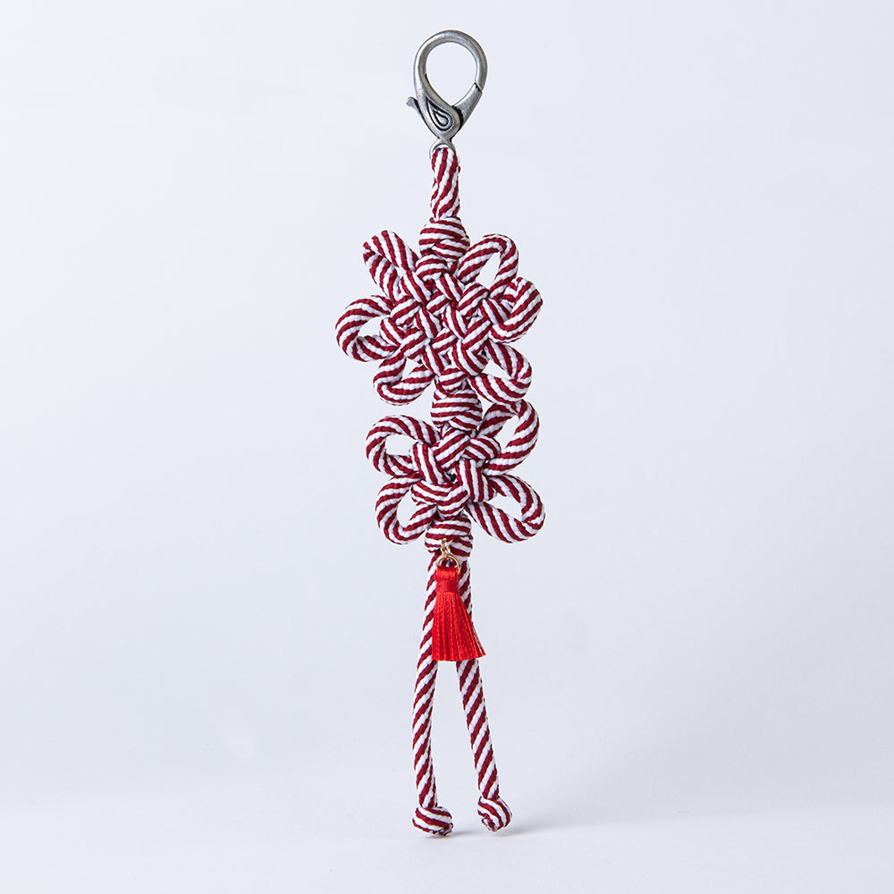 Handcrafted Korean knot keyring with striped red chrysanthemum and plum blossom knots by GLEAF – traditional handmade accessory