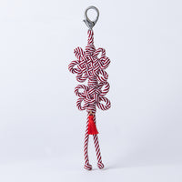 Handcrafted Korean knot keyring with striped red chrysanthemum and plum blossom knots by GLEAF – traditional handmade accessory