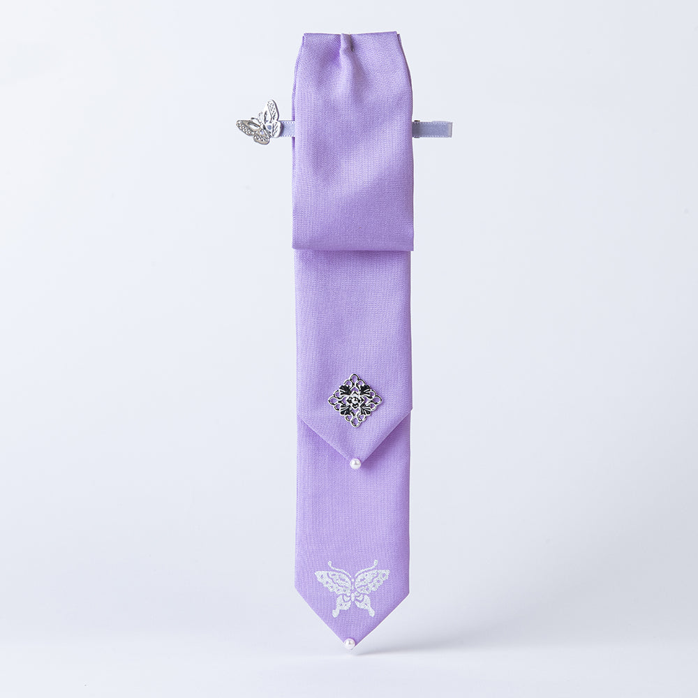 Handcrafted Korean silk hair bow with silver-leaf stamped butterfly pattern by GLEAF – lavender 100% silk handmade accessory