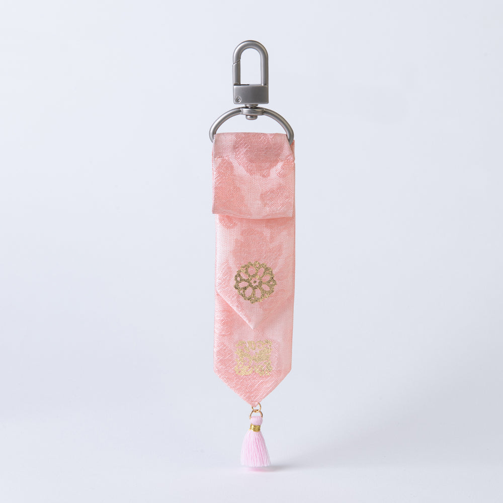 Handcrafted Korean silk keyring with gold-leaf emblem of pomegranate and lotus by GLEAF – soft pink 100% silk handmade accessory