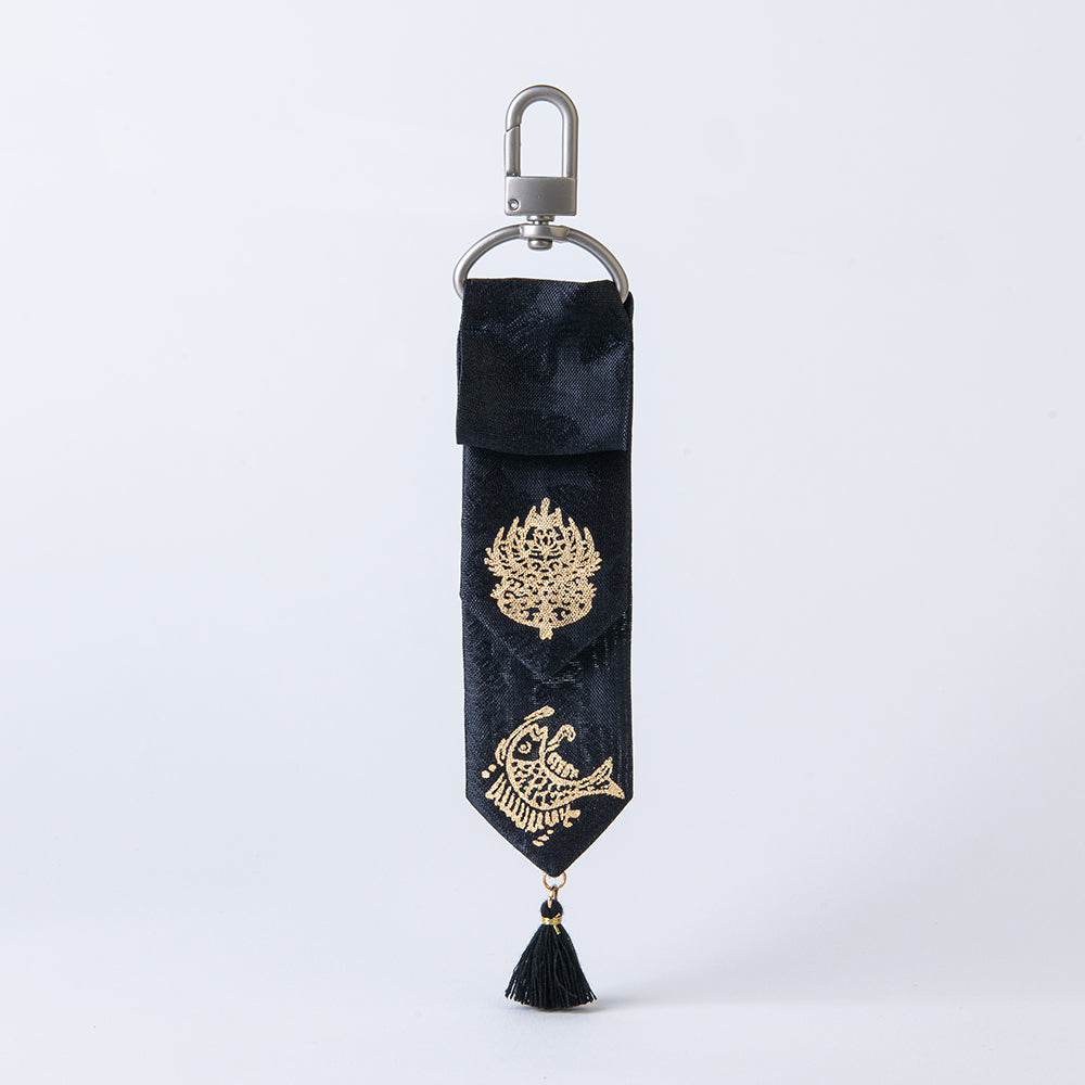 Handcrafted Korean silk keyring with gold-leaf emblem of crown and carp by GLEAF – 100% silk handmade accessory