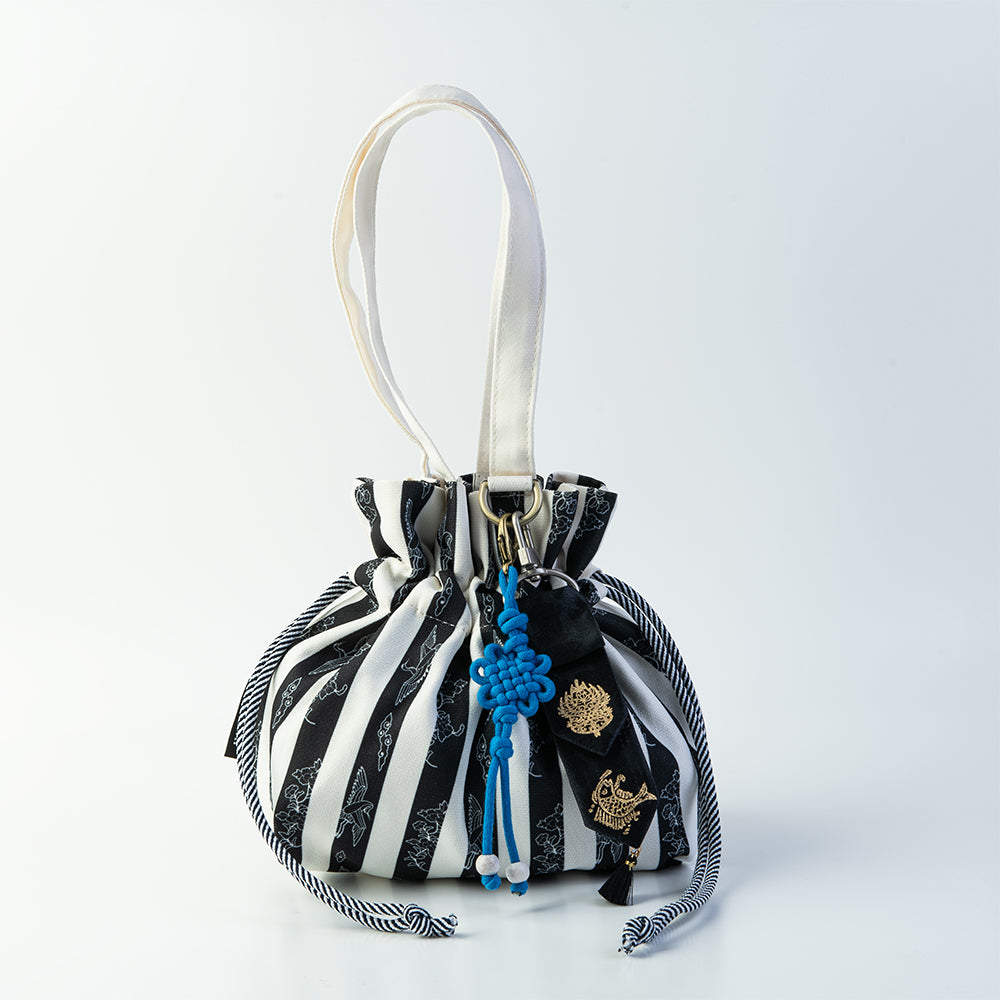 Handcrafted Korean mini bag with traditional stripe pattern and gold-leaf keyring by GLEAF – artisan made accessory