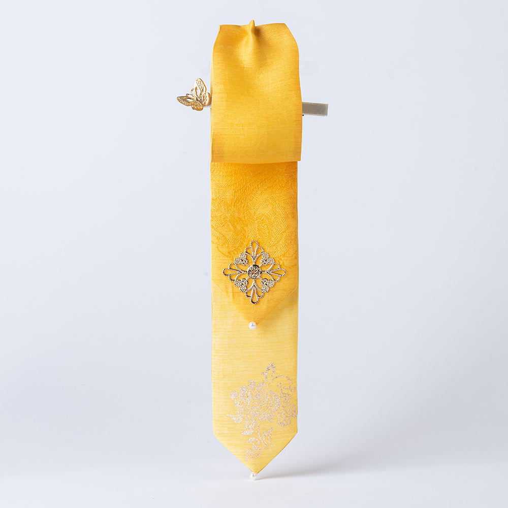 Handcrafted Korean silk hair bow with silver-leaf stamped peony pattern by GLEAF – yellow 100% silk handmade accessory