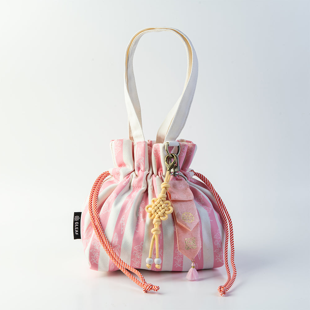 Handcrafted Korean mini bag in soft pink with gold-leaf stamping keyring by GLEAF – artisan made pouch