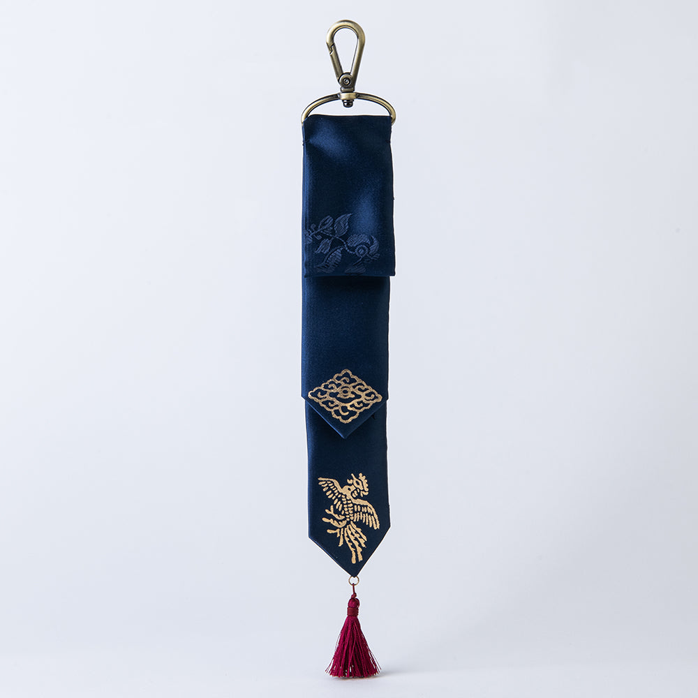 Handcrafted Korean silk keyring with gold-leaf emblem of cloud and phoenix by GLEAF – 100% silk handmade accessory