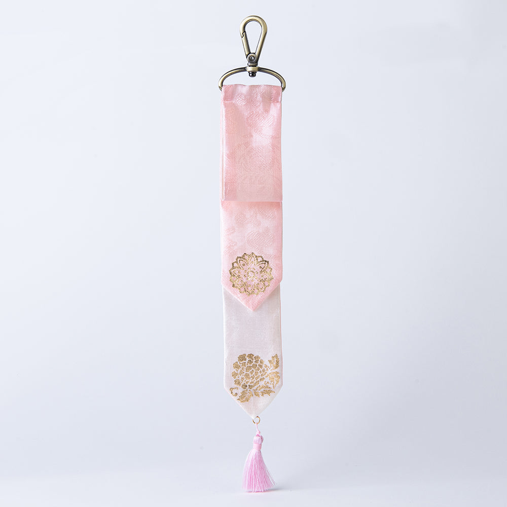 Handcrafted Korean silk keyring with gold-leaf emblem of lotus and peony by GLEAF – 100% silk handmade accessory