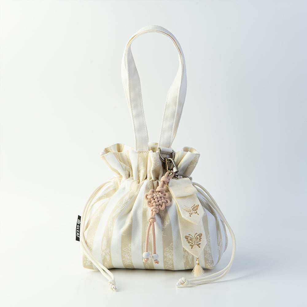 Handcrafted Korean mini bag in ivory white with gold-leaf stamping keyring by GLEAF – artisan made pouch