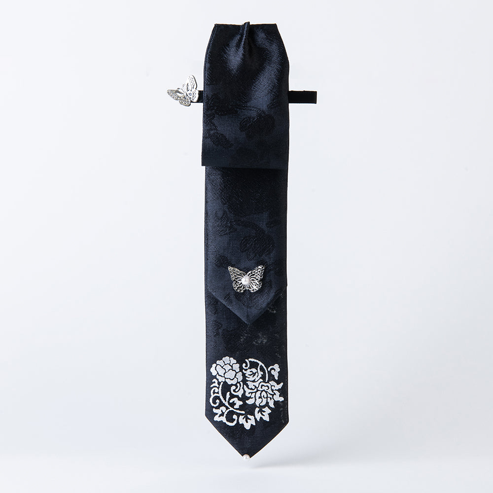Handcrafted Korean silk hair bow with silver-leaf stamped peony pattern by GLEAF – black 100% silk handmade accessory