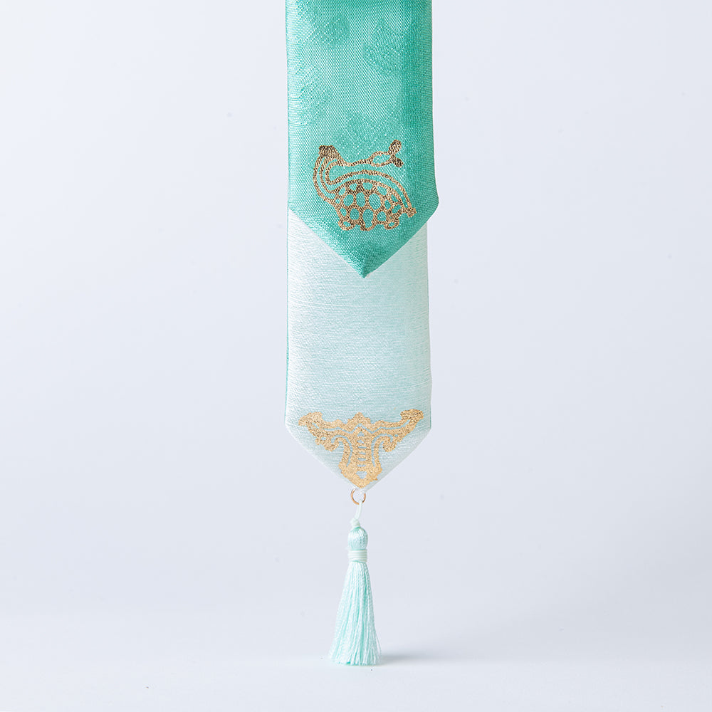 Handcrafted Korean silk keyring with gold-leaf emblem of turtle and bat by GLEAF – 100% silk handmade accessory