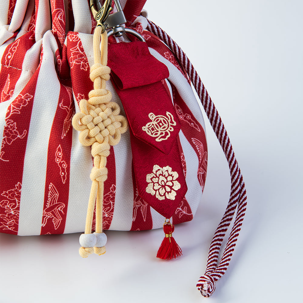 GLEAF red stripe mini bag featuring gold-leaf keyring – handcrafted korean accessory