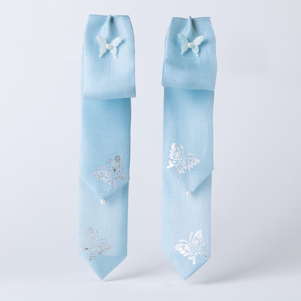 Handcrafted Korean silk hair bow set with silver butterfly pattern by GLEAF – 100% silk sky blue handmade accessory