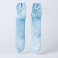 Handcrafted Korean silk hair bow set with silver butterfly pattern by GLEAF – 100% silk sky blue handmade accessory