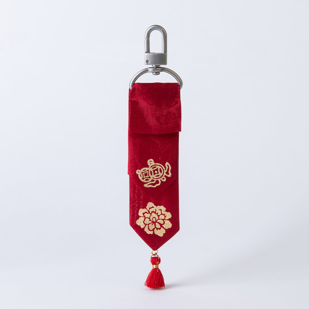 Handcrafted Korean silk keyring with gold-leaf emblem of money symbol and peony by GLEAF – red 100% silk handmade accessory